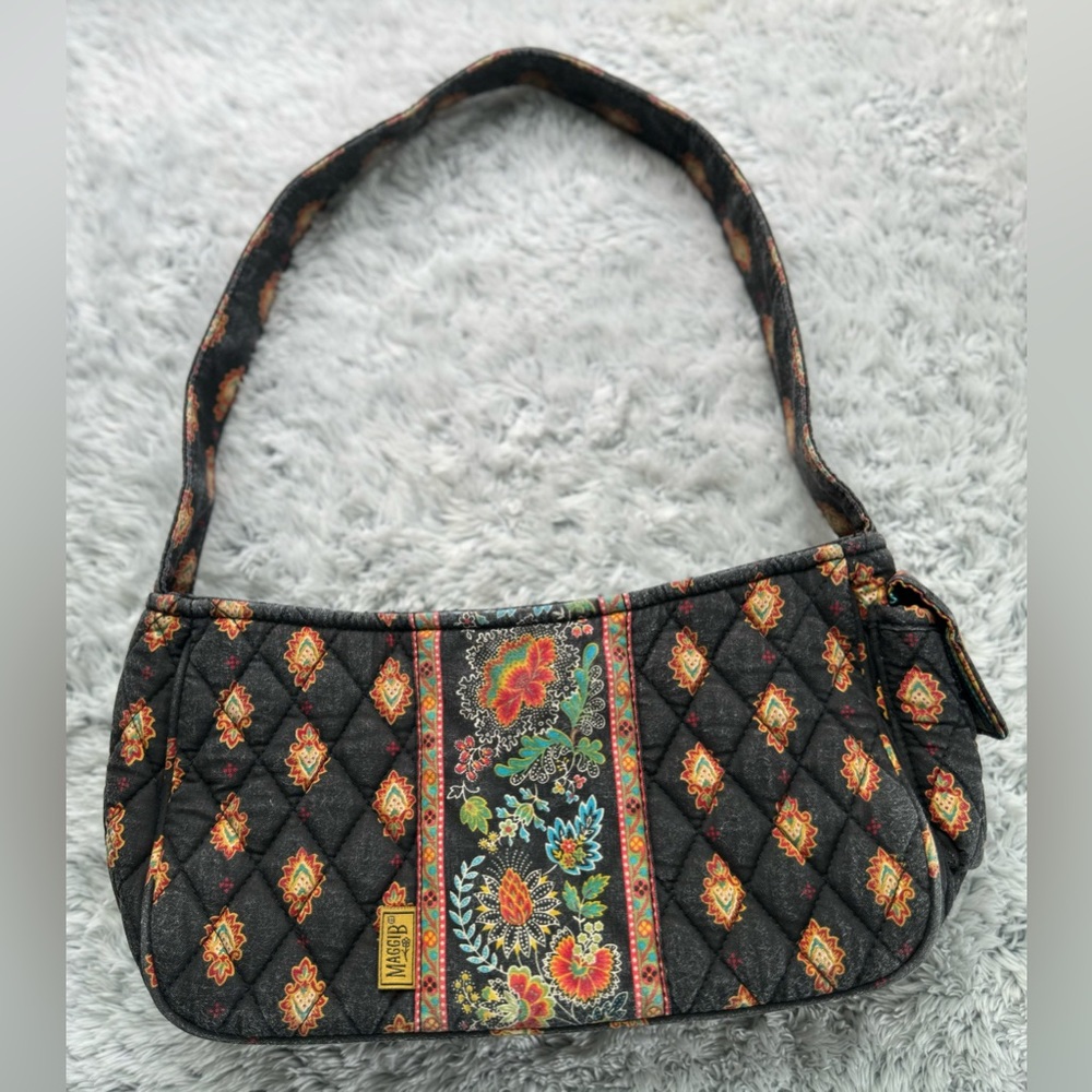 MaggiB GUC Small Black & Red Floral Quilted Fabric Shoulder/Hand Bag